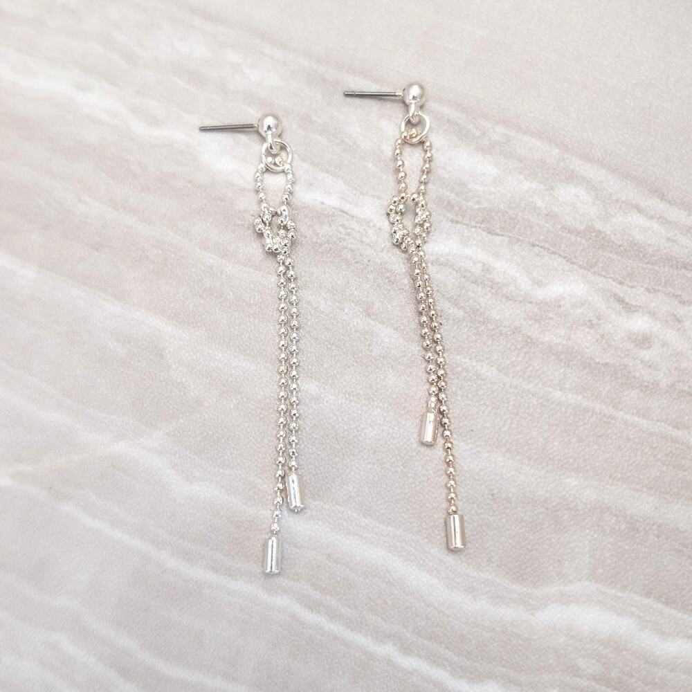Vintage Stud Earrings Very Long Silver Tone Chains with Knot - One Discolored